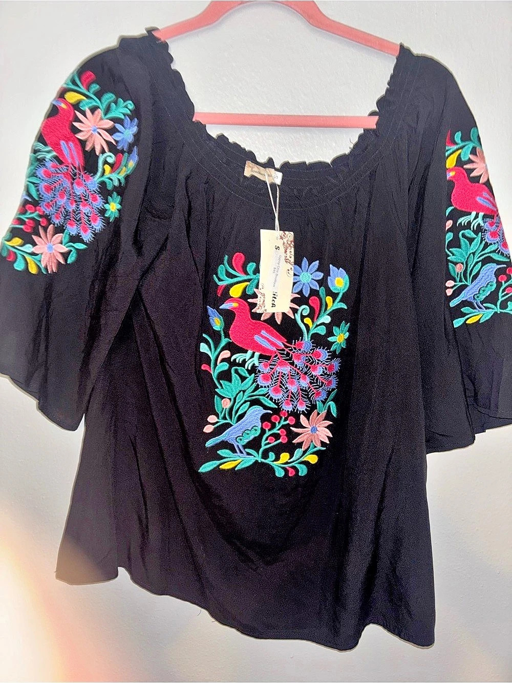 Free People Embroidered Floral Blouse in Black Size Small NWT